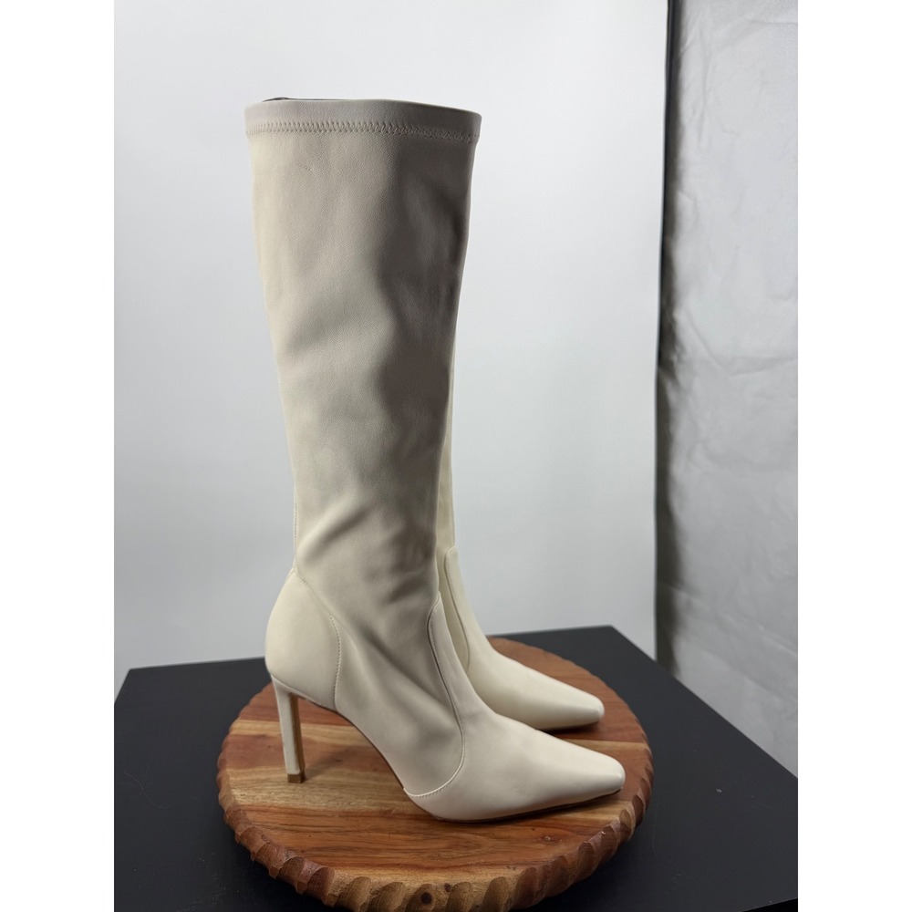Camila‎ Coelho Knee High Stiletto Boots Women 8.5 Cream Pointed Toe Leather